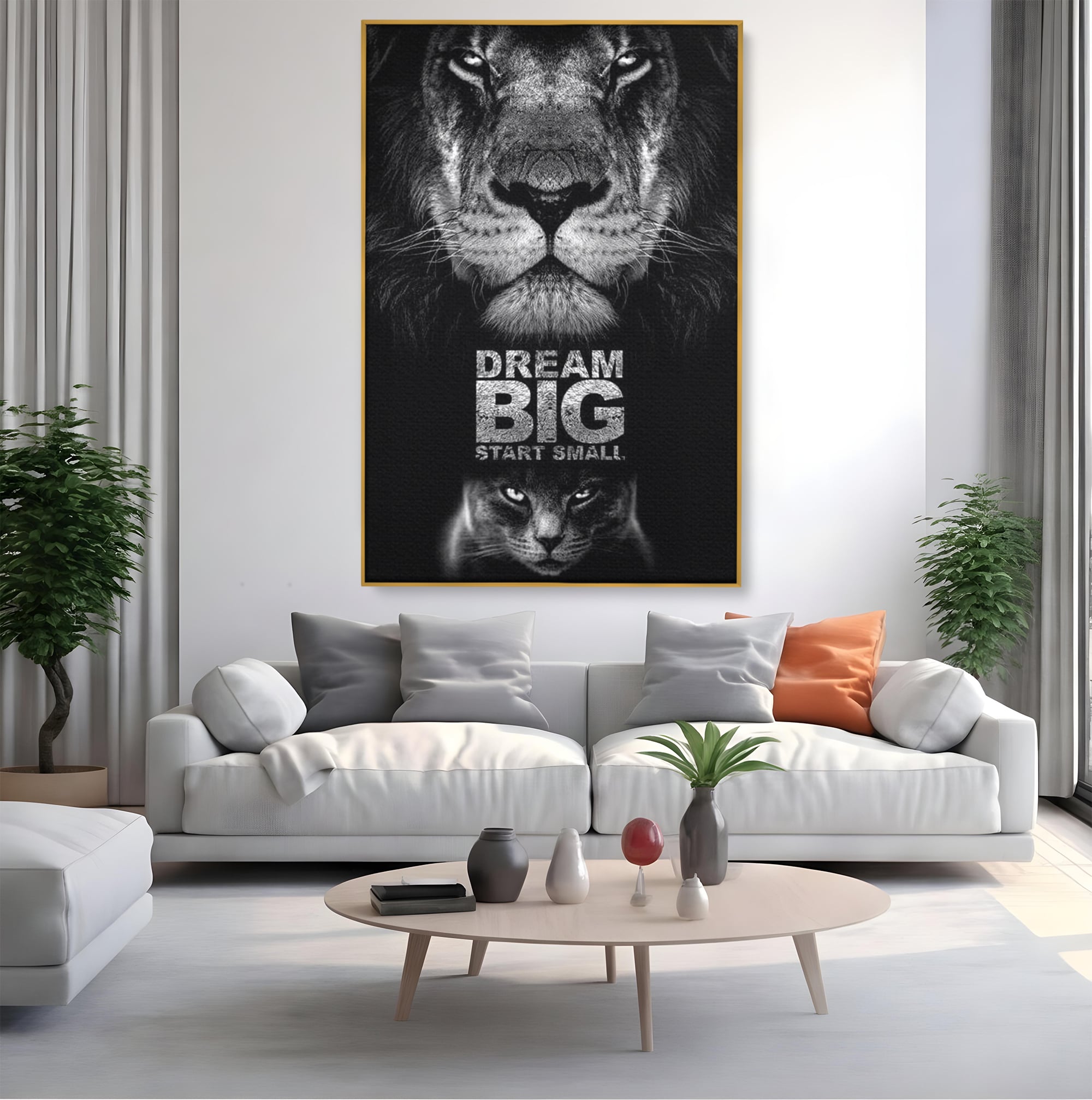 Tablou canvas cu tablou canvas cu leu si pisica, in rama de aluminiu auriu, pe perete intr-un living